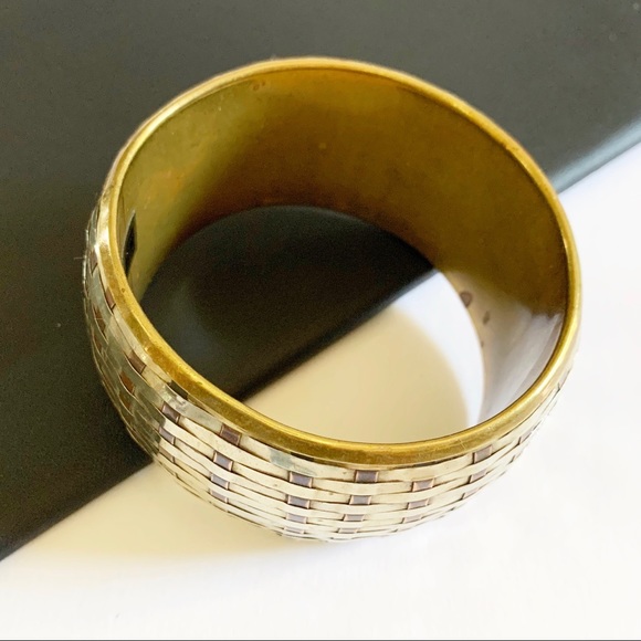 Huge Bold Vintage Silver Brass Copper Bangle Bracelet Statement Pc - Picture 4 of 7
